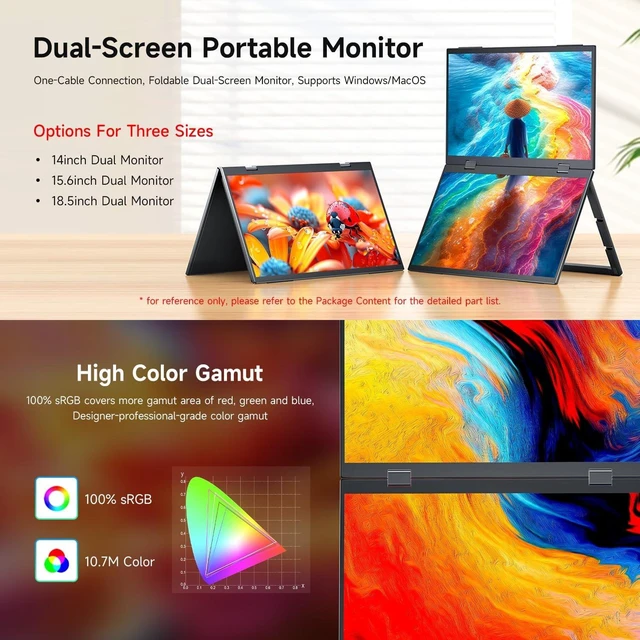 Alt view image 3 of 7 - waveshare 18.5inch Dual-Screen Portable Monitor, Supports Windows/MacOS, Dual-1080p High Definition Foldable Screen, 100% SRGB, 178° Wide Viewing Angle, Built-in Gravity Sensor, Hi-Fi Speaker
