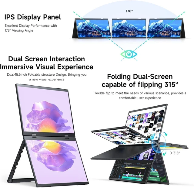 Alt view image 5 of 7 - waveshare 18.5inch Dual-Screen Portable Monitor, Supports Windows/MacOS, Dual-1080p High Definition Foldable Screen, 100% SRGB, 178° Wide Viewing Angle, Built-in Gravity Sensor, Hi-Fi Speaker