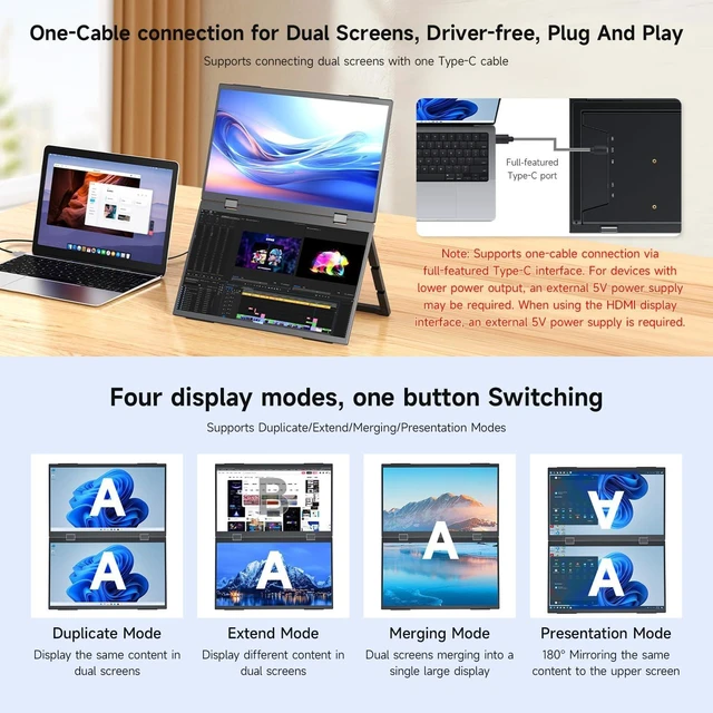 Alt view image 6 of 7 - waveshare 18.5inch Dual-Screen Portable Monitor, Supports Windows/MacOS, Dual-1080p High Definition Foldable Screen, 100% SRGB, 178° Wide Viewing Angle, Built-in Gravity Sensor, Hi-Fi Speaker