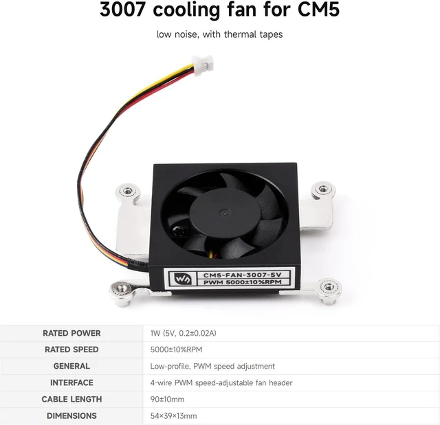Alt view image 3 of 6 - Waveshare Dedicated 3007 Cooling Fan, Compatible with Raspberry Pi Compute Module 5, Low Noise, with Thermal Tapes, 5V Power Supply