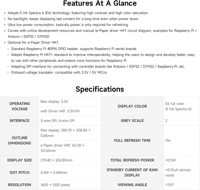 Alt view image 4 of 7 - Waveshare 13.3inch E Ink Spectra 6 (E6) Full Color E-Paper Display, 1600×1200, SPI, Raw E-Ink Display, Without Driver Board