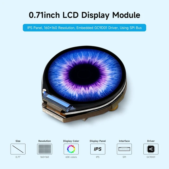 Alt view image 3 of 5 - Waveshare 0.71inch Round LCD Display Module, IPS Panel, 160×160 Resolution, SPI Interface, 65K Colors, Embedded GC9D01 Driver