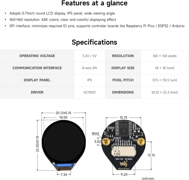 Alt view image 4 of 5 - Waveshare 0.71inch Round LCD Display Module, IPS Panel, 160×160 Resolution, SPI Interface, 65K Colors, Embedded GC9D01 Driver