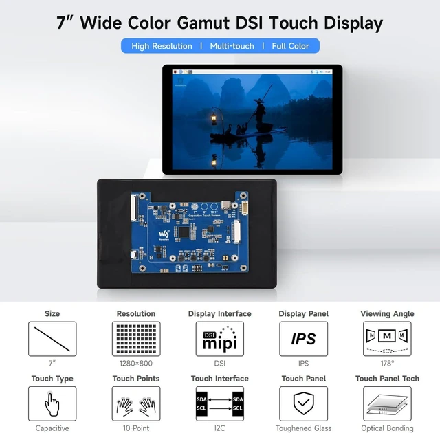 Alt view image 3 of 7 - waveshare 7inch DSI Capacitive Touch Display 2, Compatible with Raspberry Pi 5/4B/3B/CM3/3+/4, 1280 × 800 Resolution, IPS, Optical Bonding Toughened Glass Panel, DSI Interface, 10-Point Touch