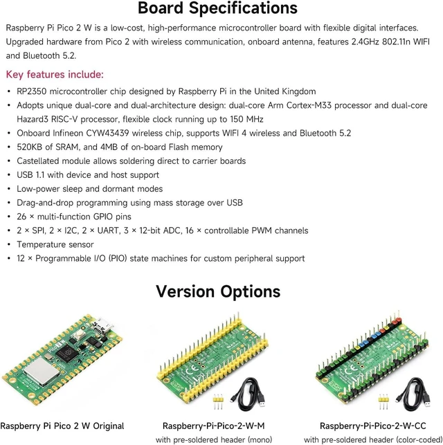 Alt view image 3 of 6 - Waveshare Raspberry-Pi-Pico-2W-CC, Compatible with Raspberry Pi Pico 2 Microcontroller Board, Based On Official RP2350 Chip, Dual-Core & Dual-Architecture Design