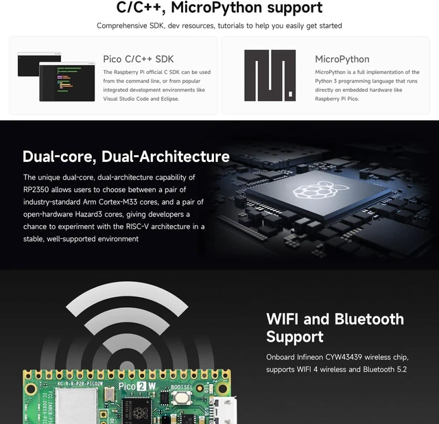 Alt view image 5 of 6 - Waveshare Raspberry-Pi-Pico-2W-CC, Compatible with Raspberry Pi Pico 2 Microcontroller Board, Based On Official RP2350 Chip, Dual-Core & Dual-Architecture Design