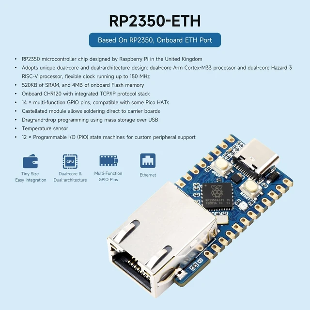 Alt view image 3 of 7 - Waveshare RP2350-ETH Mini Development Board, RP2350 Ethernet Port Module, Raspberry Pi Microcontroller Development Board, Based on Official P2350 Dual-core & Dual-Architecture Microcontroller
