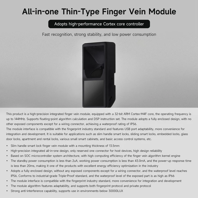 Alt view image 3 of 7 - Waveshare All-in-one Thin-Type Finger Vein Module, Built-in Cortex Core, USB Drive-Free Adaptability, UART Communication Interface