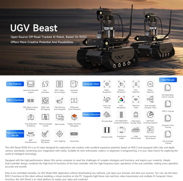 Alt view image 3 of 7 - Waveshare UGV Beast ROS 2 Open-Source Off-Road Tracked AI Robot, Compatible with Jetson Orin Nano/NX, Dual Controllers, with Multi-Functional Driver Board and 360° Flexible Omnidirectional Pan-Tilt