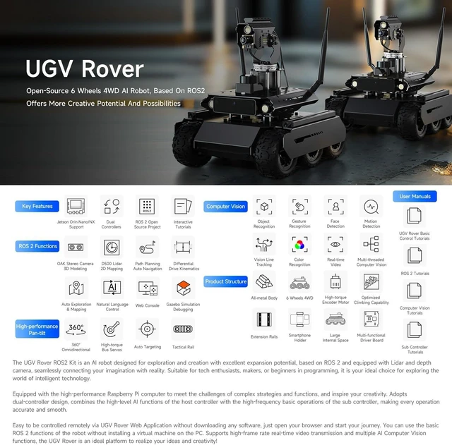 Alt view image 3 of 7 - Waveshare UGV Rover ROS 2 Open-Source 6 Wheels 4WD AI Robot, Compatible with Jetson Orin Nano/NX, Dual Controllers, with Multi-Functional Driver Board and 360° Flexible Omnidirectional Pan-Tilt