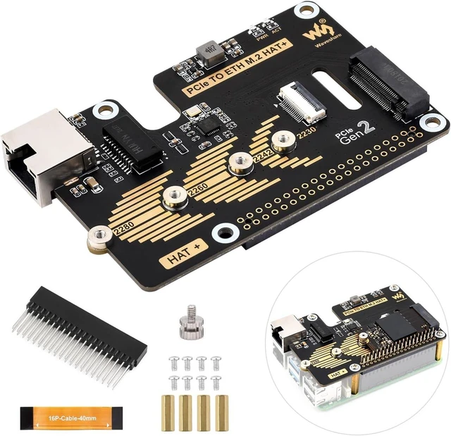 Main image of Waveshare PCIe to ETH and M.2 Adapter, Compatible with Raspberry Pi 5, Compatible with 2280/2260 / 2242/2230 Size NVMe Protocol M.2 SSD, 5Gbps Data Rate, High-Speed Reading/Writing