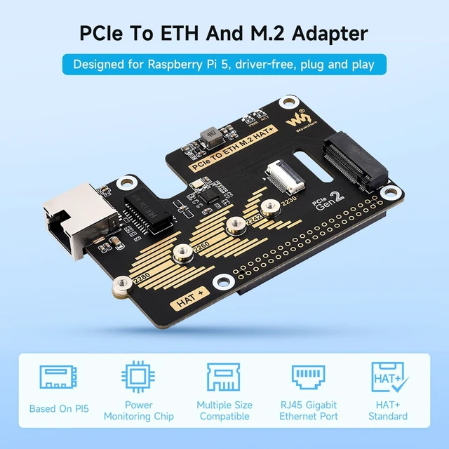 Alt view image 3 of 7 - Waveshare PCIe to ETH and M.2 Adapter, Compatible with Raspberry Pi 5, Compatible with 2280/2260 / 2242/2230 Size NVMe Protocol M.2 SSD, 5Gbps Data Rate, High-Speed Reading/Writing