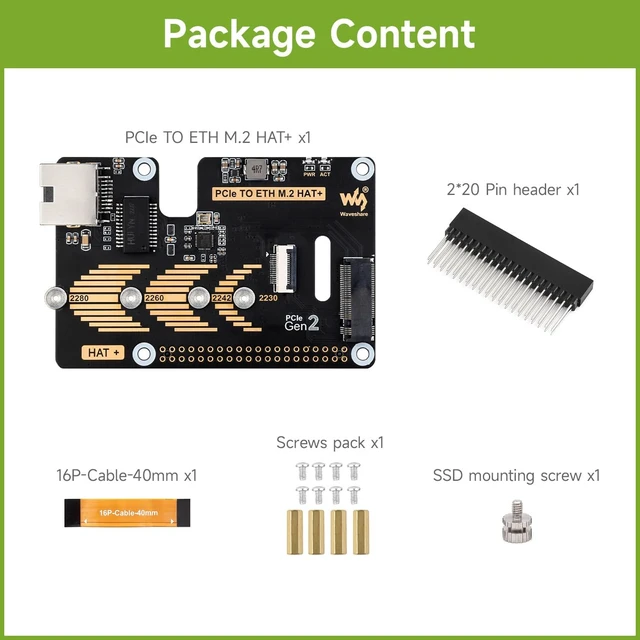 Alt view image 2 of 7 - Waveshare PCIe to ETH and M.2 Adapter, Compatible with Raspberry Pi 5, Compatible with 2280/2260 / 2242/2230 Size NVMe Protocol M.2 SSD, 5Gbps Data Rate, High-Speed Reading/Writing