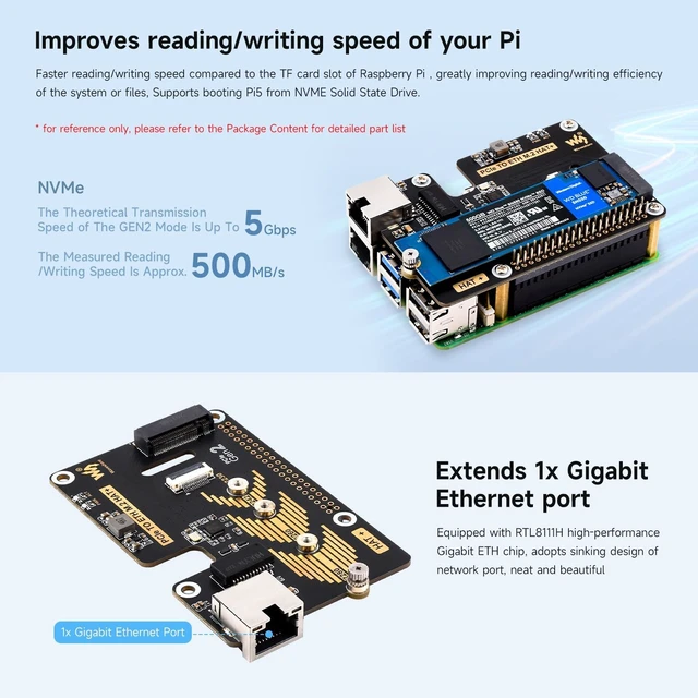 Alt view image 6 of 7 - Waveshare PCIe to ETH and M.2 Adapter, Compatible with Raspberry Pi 5, Compatible with 2280/2260 / 2242/2230 Size NVMe Protocol M.2 SSD, 5Gbps Data Rate, High-Speed Reading/Writing