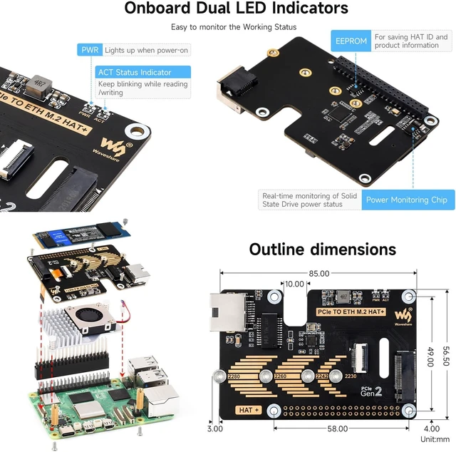 Alt view image 7 of 7 - Waveshare PCIe to ETH and M.2 Adapter, Compatible with Raspberry Pi 5, Compatible with 2280/2260 / 2242/2230 Size NVMe Protocol M.2 SSD, 5Gbps Data Rate, High-Speed Reading/Writing
