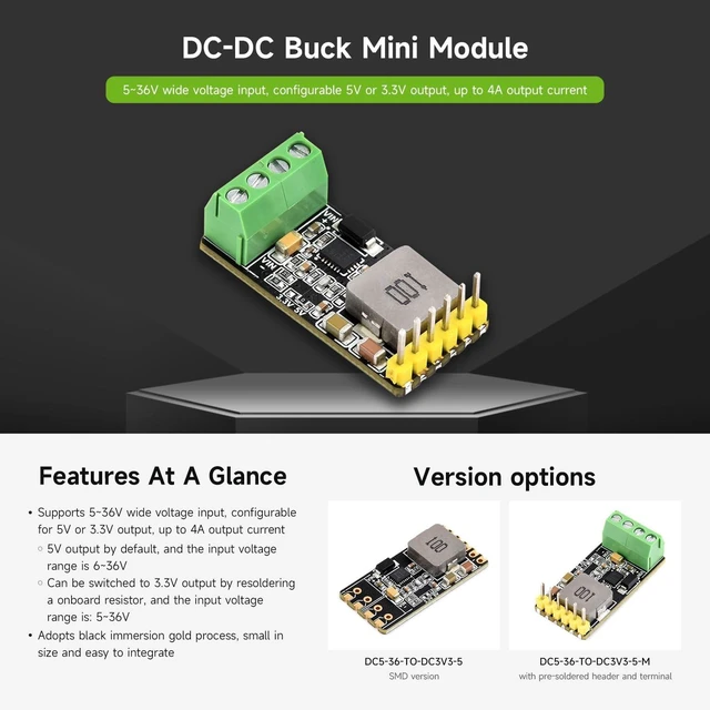 Alt view image 3 of 5 - Waveshare DC-DC Buck Mini Module, Compact Size and Easy to Integrate, Configurable 3.3V Or 5V Buck Voltage Regulation Output, Immersion Gold Process, SMD Version