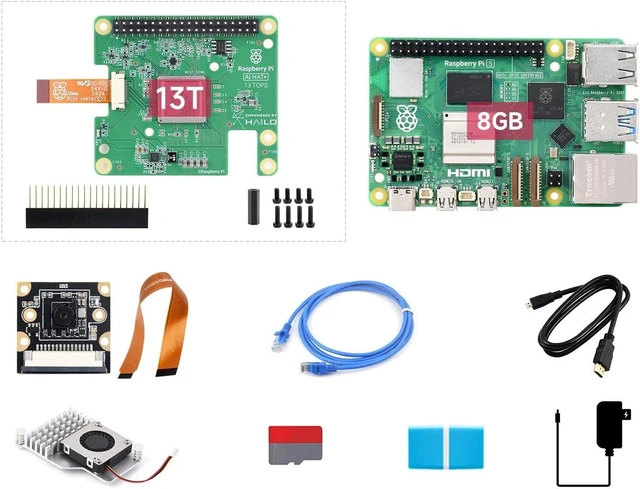 Main image of Waveshare PI5-8GB AI Kit, Compatible with Raspberry Pi 5, Bundle with Raspberry Pi 5 8GB, Raspberry Pi AI HAT+ 13T, PI5-IMX219-77 Camera, Cooler, 64GB TF Card, Cable and so on (9 Items)