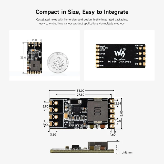 Alt view image 5 of 5 - Waveshare DC-DC Buck Mini Module, Compact Size and Easy to Integrate, Configurable 3.3V Or 5V Buck Voltage Regulation Output, Immersion Gold Process, SMD Version