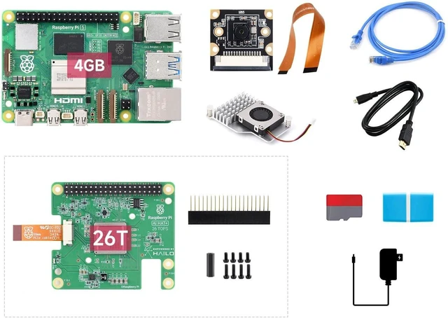 Main image of Waveshare PI5-4GB AI Kit, Compatible with Raspberry Pi 5, Bundle with Raspberry Pi 5 4GB, Raspberry Pi AI HAT+ 26T, PI5-IMX219-77 Camera, Cooler, 64GB TF Card, Cable and so on (9 Items)