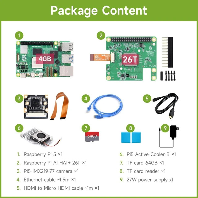 Alt view image 2 of 7 - Waveshare PI5-4GB AI Kit, Compatible with Raspberry Pi 5, Bundle with Raspberry Pi 5 4GB, Raspberry Pi AI HAT+ 26T, PI5-IMX219-77 Camera, Cooler, 64GB TF Card, Cable and so on (9 Items)
