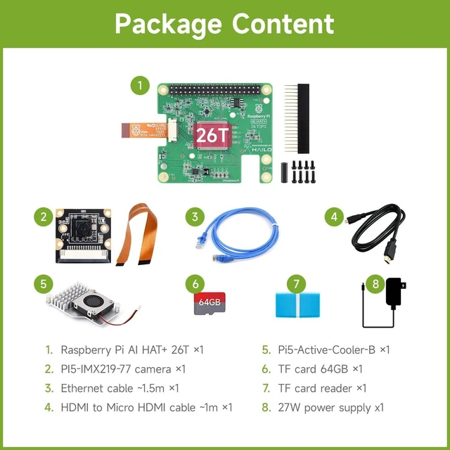 Alt view image 2 of 7 - Waveshare AI Kit, Compatible with Raspberry Pi 5, Bundle with Raspberry Pi AI HAT+ 26T, PI5-IMX219-77 Camera, Cooler, 64GB TF Card, Cable and so on (8 Items)