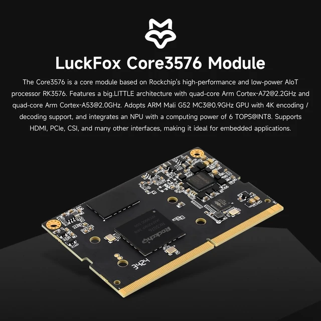 Alt view image 3 of 7 - Waveshare Luckfox Core3576 Module, Rockchip RK3576 Octa-Core 2.2GHz Processor, Features A Big.Little Architecture, 6 Tops Computing Power NPU, 4GB RAM, 32GB eMMC Flash