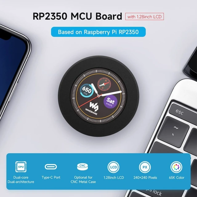 Alt view image 3 of 7 - Waveshare RP2350 MCU Board, with 1.28inch Round LCD, Dual-core & Dual-Architecture Design, 240×240 Pixels, 65K Color, IPS Panel