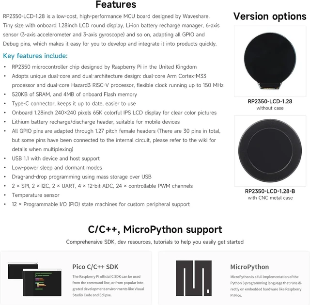 Alt view image 4 of 7 - Waveshare RP2350 MCU Board, with 1.28inch Round LCD, Dual-core & Dual-Architecture Design, 240×240 Pixels, 65K Color, IPS Panel