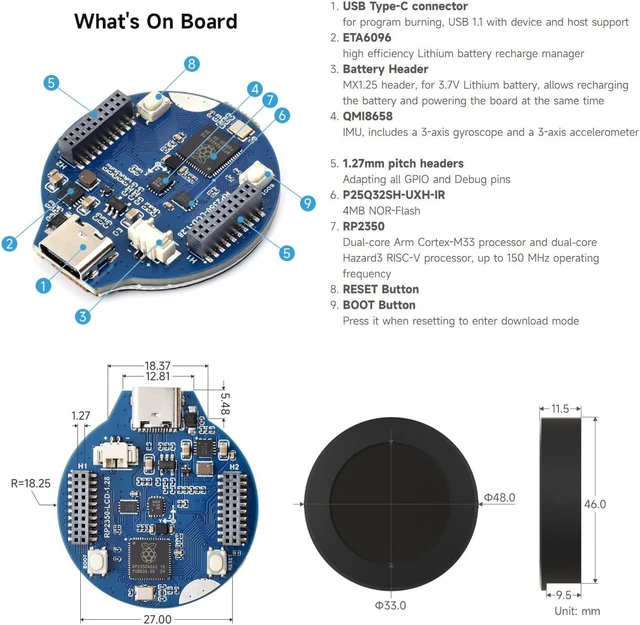 Alt view image 7 of 7 - Waveshare RP2350 MCU Board, with 1.28inch Round LCD, Dual-core & Dual-Architecture Design, 240×240 Pixels, 65K Color, IPS Panel