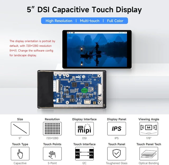 Alt view image 3 of 7 - Waveshare 5inch DSI Capacitive Touch Display, Compatible with Raspberry Pi 5/4B/3B/CM3/3+/4, 720 × 1280, IPS, Optical Bonding Toughened Glass Panel, DSI Interface, 5-Point Touch