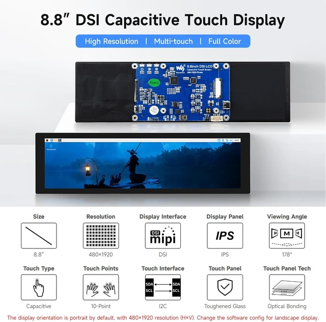 Alt view image 3 of 7 - waveshare 8.8inch DSI Capacitive Touch Display, Compatible with Raspberry Pi 5/4B/3B/CM3/3+/4 480 × 1920, IPS, Optical Bonding Toughened Glass Panel, DSI Interface, 10-Point Touch
