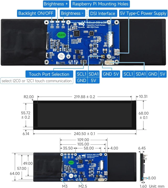 Alt view image 7 of 7 - waveshare 8.8inch DSI Capacitive Touch Display, Compatible with Raspberry Pi 5/4B/3B/CM3/3+/4 480 × 1920, IPS, Optical Bonding Toughened Glass Panel, DSI Interface, 10-Point Touch
