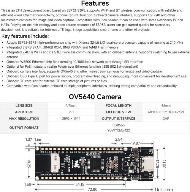 Alt view image 4 of 7 - Waveshare ESP32-S3 ETH Development Board, 10/100Mbps RJ45 Ethernet Port, Wi-Fi & BT Support, 240MHz Dual Core Processor, Onboard Type-C Port and TF Card Slot, PoE Module