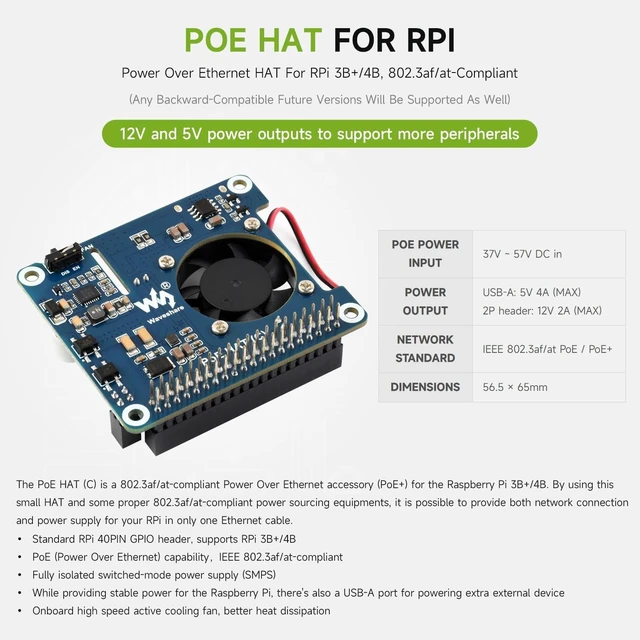Alt view image 3 of 5 - waveshare 2PCS POE HAT Type C, Compatible with Raspberry Pi 3B+/4B, 802.3af/at Power-Sourcing Equipment Required, 12V and 5V Power Outputs to Support More Peripherals-2PCS Version