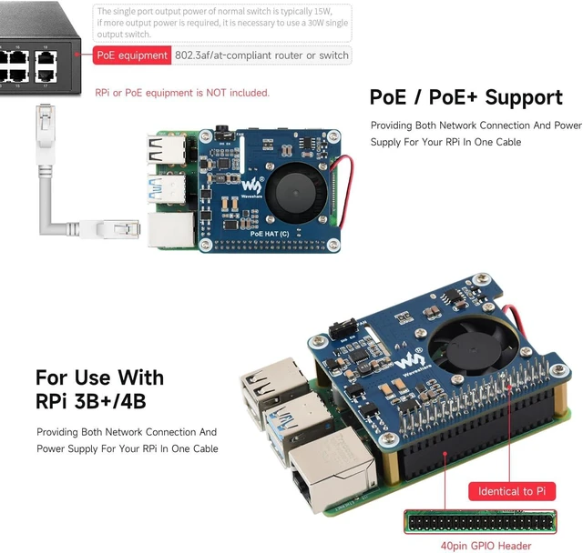 Alt view image 4 of 5 - waveshare 2PCS POE HAT Type C, Compatible with Raspberry Pi 3B+/4B, 802.3af/at Power-Sourcing Equipment Required, 12V and 5V Power Outputs to Support More Peripherals-2PCS Version