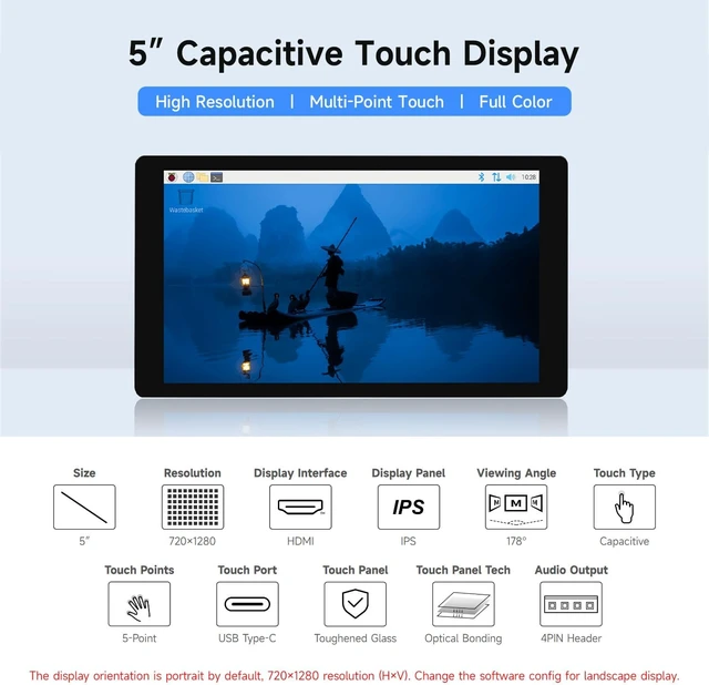 Alt view image 3 of 6 - waveshare 5inch Capacitive Touch Display, Compatible with Raspberry Pi 5/4B/3B/Zero/Zero W/Zero 2W/Pico/Pico W/Pico WH, Supports Windows 11/10/8.1/8/7, Support Jetson Nano/Jetson Orin Nano