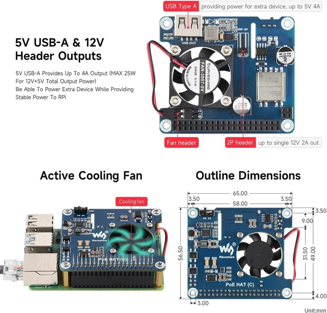 Alt view image 5 of 5 - waveshare 2PCS POE HAT Type C, Compatible with Raspberry Pi 3B+/4B, 802.3af/at Power-Sourcing Equipment Required, 12V and 5V Power Outputs to Support More Peripherals-2PCS Version