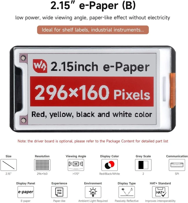 Alt view image 3 of 7 - Waveshare 2.15inch E-Paper Display (B), E-Ink Display, 296x160, Red/Black/White, SPI Interface, Raw E-Paper Only, Without Driver Board