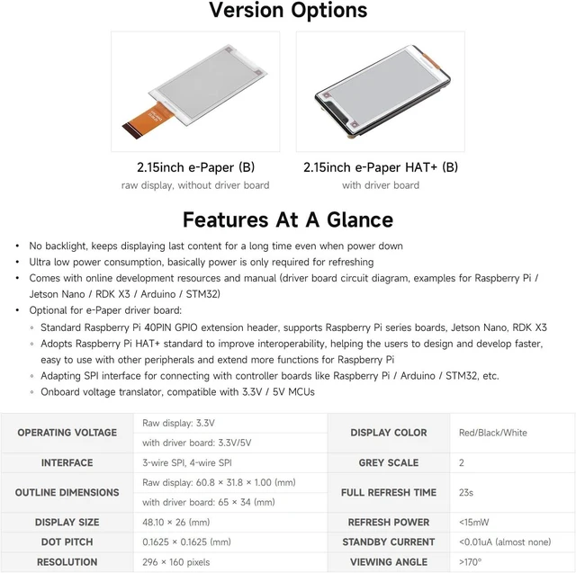 Alt view image 4 of 7 - Waveshare 2.15inch E-Paper Display (B), E-Ink Display, 296x160, Red/Black/White, SPI Interface, Raw E-Paper Only, Without Driver Board
