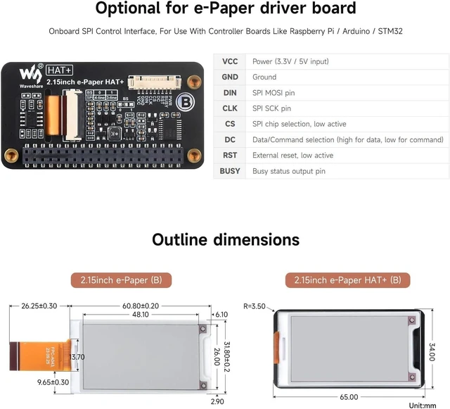 Alt view image 7 of 7 - Waveshare 2.15inch E-Paper Display (B), E-Ink Display, 296x160, Red/Black/White, SPI Interface, Raw E-Paper Only, Without Driver Board