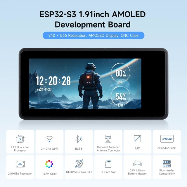 Alt view image 3 of 7 - Waveshare ESP32-S3 1.91inch AMOLED Display Development Board, 240×536, 32-bit LX7 Dual-core Processor, Up to 240MHz Frequency, Accelerometer and Gyroscope Sensor, ESP32 with Display