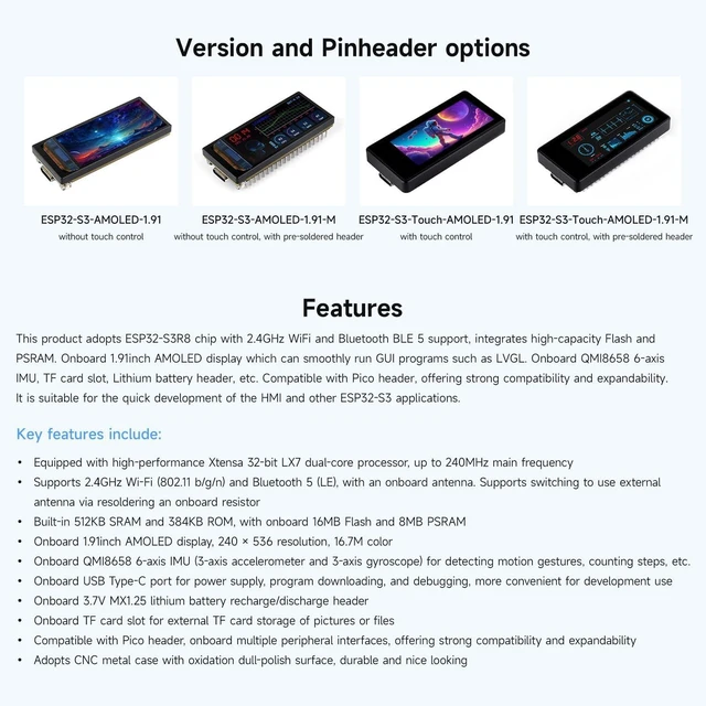 Alt view image 4 of 7 - Waveshare ESP32-S3 1.91inch AMOLED Display Development Board, 240×536, 32-bit LX7 Dual-core Processor, Up to 240MHz Frequency, Accelerometer and Gyroscope Sensor, ESP32 with Display