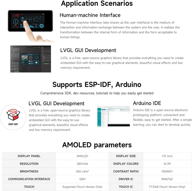 Alt view image 5 of 7 - Waveshare ESP32-S3 1.91inch AMOLED Display Development Board, 240×536, 32-bit LX7 Dual-core Processor, Up to 240MHz Frequency, Accelerometer and Gyroscope Sensor, ESP32 with Display