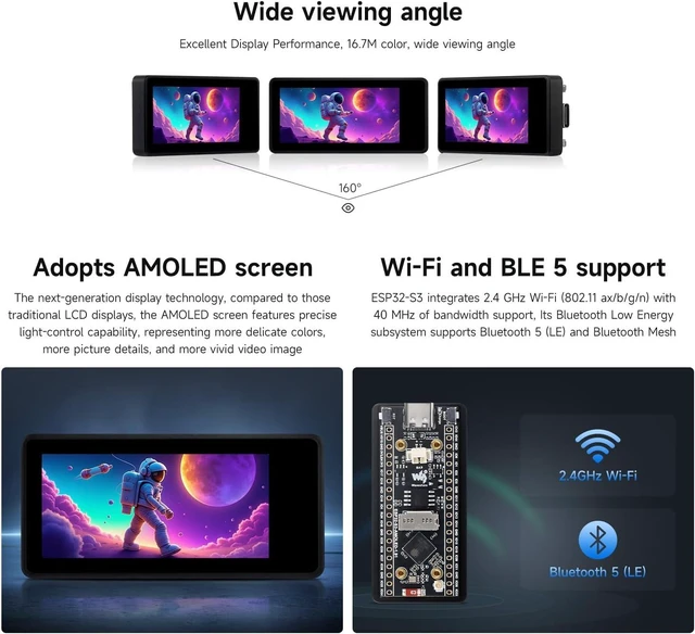 Alt view image 6 of 7 - Waveshare ESP32-S3 1.91inch AMOLED Display Development Board, 240×536, 32-bit LX7 Dual-core Processor, Up to 240MHz Frequency, Accelerometer and Gyroscope Sensor, ESP32 with Display