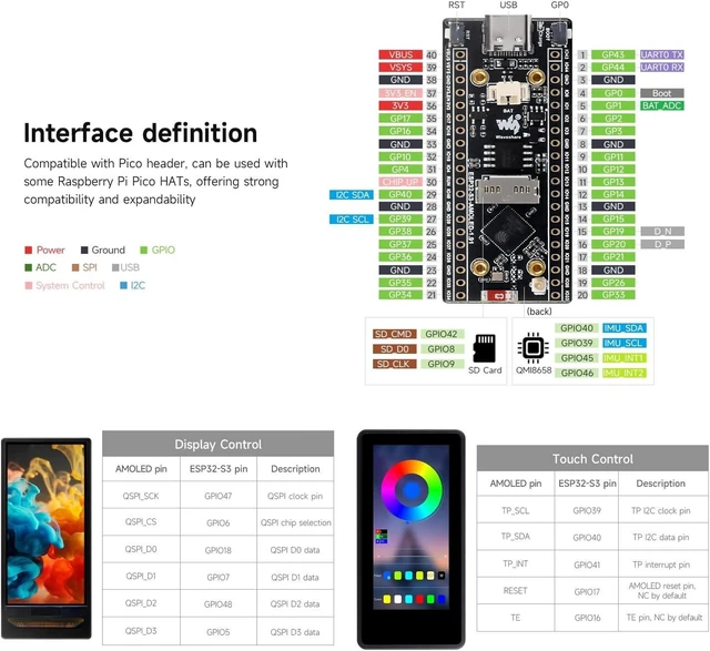 Alt view image 7 of 7 - Waveshare ESP32-S3 1.91inch AMOLED Display Development Board, 240×536, 32-bit LX7 Dual-core Processor, Up to 240MHz Frequency, Accelerometer and Gyroscope Sensor, ESP32 with Display