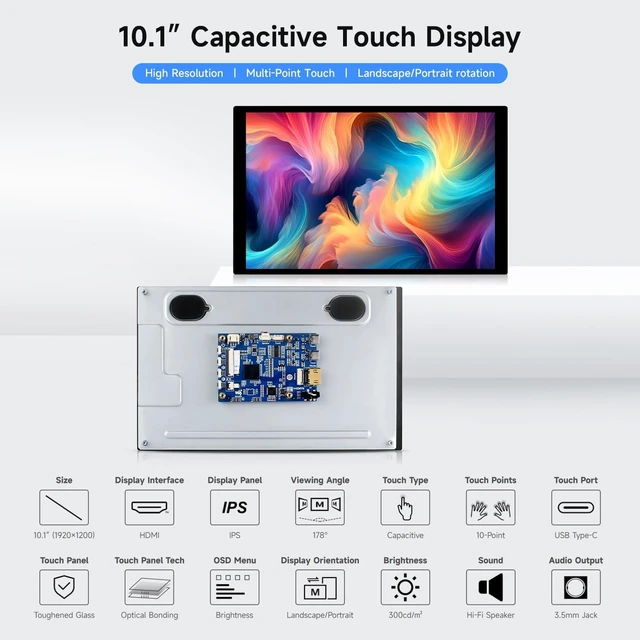 Alt view image 3 of 7 - waveshare 10.1inch High Resolution Capacitive Touch Display, Compatible with Raspberry Pi 5/4B/3B/Zero/Zero W/Zero 2W/Pico/Pico, Supports Windows and Jetson Nano, IPS Display, 10-Point Touch
