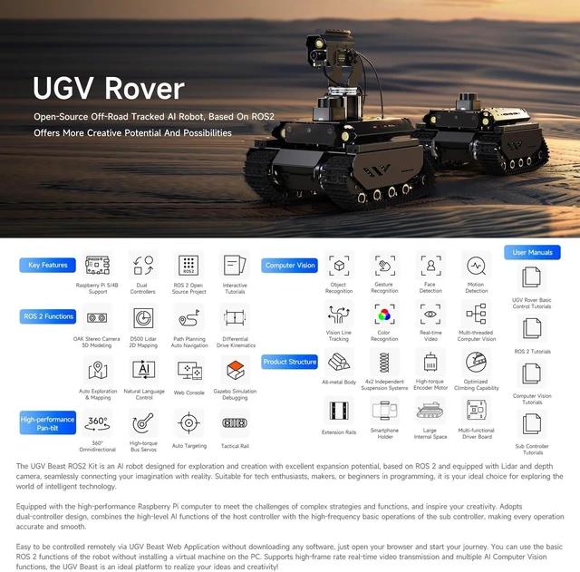 Alt view image 3 of 7 - Waveshare UGV Beast ROS 2 Open-Source Off-Road Tracked AI Robot, Dual Controllers, Computer Vision, All-Metal Body, Flexible and Expandable, Compatible with Raspberry Pi 5 (Included)