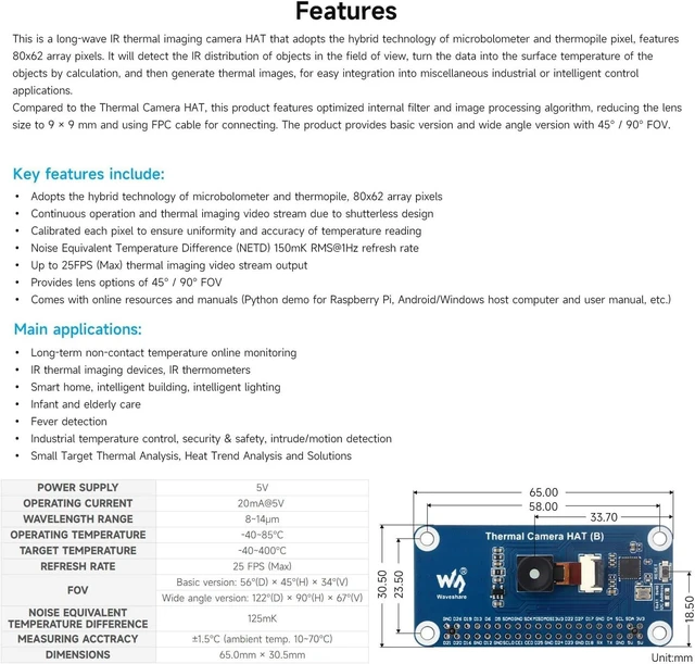 Alt view image 4 of 5 - Waveshare Long-Wave IR Thermal Imaging Camera HAT (B), Compatible with Raspberry Pi 5/4B/3B/Zero/Zero W/Zero 2W/Pico/Pico W/Pico WH, 90° FOV IR Camera, 80×62 Pixels, Standard 40PIN GPIO Header