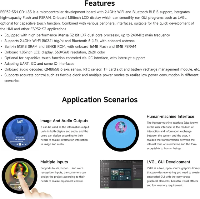 Alt view image 4 of 7 - Waveshare ESP32-S3 1.85inch Round Display Development Board 360×360, 32-Bit LX7 Dual-Core Processor, Up to 240MHz Frequency, Supports Wi-Fi & BLE 5, Accelerometer and Gyroscope Sensor, Without Touch