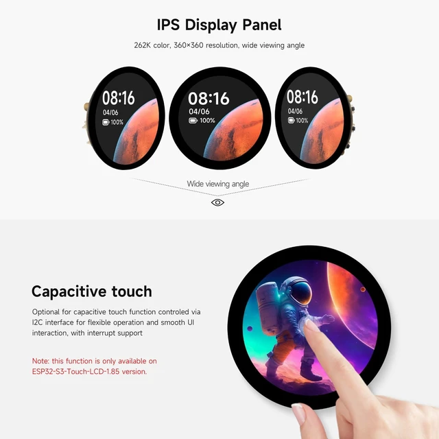 Alt view image 5 of 7 - Waveshare ESP32-S3 1.85inch Round Display Development Board 360×360, 32-Bit LX7 Dual-Core Processor, Up to 240MHz Frequency, Supports Wi-Fi & BLE 5, Accelerometer and Gyroscope Sensor, Without Touch